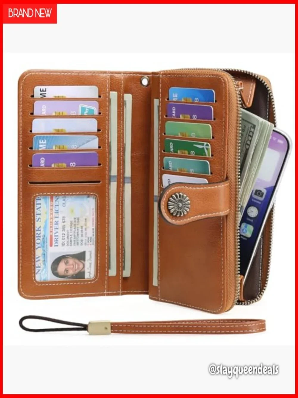 Leather RFID Blocking Bifold Wallet with Wristlet 12 Card Slots